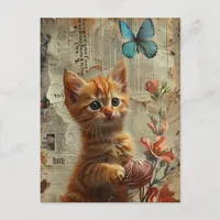 Adorable Ginger Kitten With Yarn blue butterfly Postcard