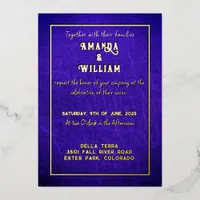 Elegant Chic Gold on Blue Leather Wedding Foil Invitation