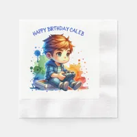 Boy Playing Video Games Personalized Birthday Napkins