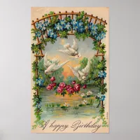 Doves Roses Birthday Poster