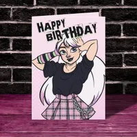 Cute Teen Girl Pink Punk Cartoon Birthday Card