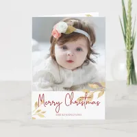 Elegant Christmas Script Gold Leaves Holiday Photo