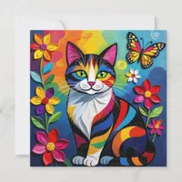 Colorful Paper Cat, Flowers and Butterflies Card