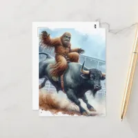 Sasquatch Rides Bull in Rodeo Watercolor Postcard