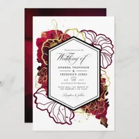Burgundy and Gold Abstract Floral Wedding Photo Invitation