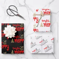 Bright Merry Typography Red Black Gold Christmas Wrapping Paper Sheets