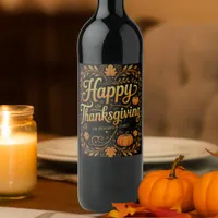 Elegant Gold Script Happy Thanksgiving Autumn Wine Label