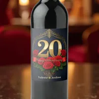 Lush Crimson Roses Golden 20th Wedding Anniversary Wine Label