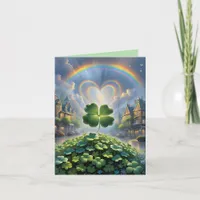 Shamrocks in a village with a rainbow in the sky holiday card