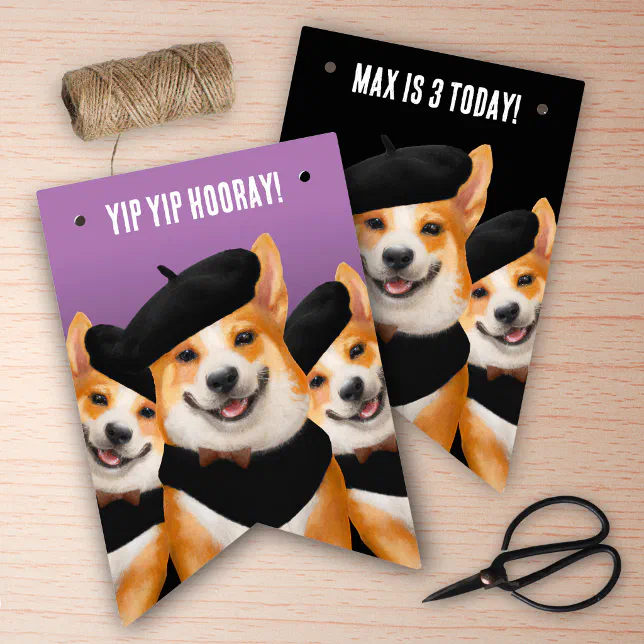 Cute Chic Corgis Yip Yip Hooray Happy Birthday Bunting Flags