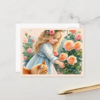 Adorable Little Girl Picking Roses with her Cat Postcard