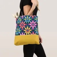 Vintage 60s Vibe Mod Daisies, Color Block Tote Bag