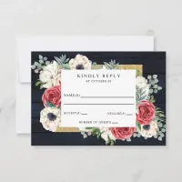 Rustic Wood Navy Burgundy Gold Floral Wedding RSVP Card