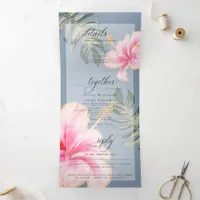 Rustic Pink Watercolor Hibiscus Floral Wedding Tri Tri-Fold Invitation
