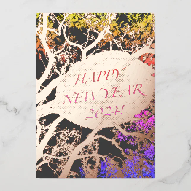 Golden Tree and leave - happy new year 2024 Foil Invitation