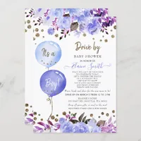 Drive by Balloons Blue Floral Boy Baby Shower Invitation