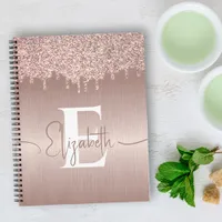 Rose Gold Brushed Metal Glitter Drips Monogrammed Notebook