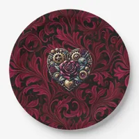 Burgundy Paisley Steampunk Heart Wedding Paper Plates