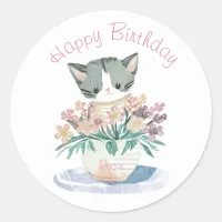 Cat Playing In Flowers | Daughters Birthday Name Classic Round Sticker