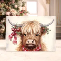 Festive Highland Cow with Plaid Scarf  Holiday Card