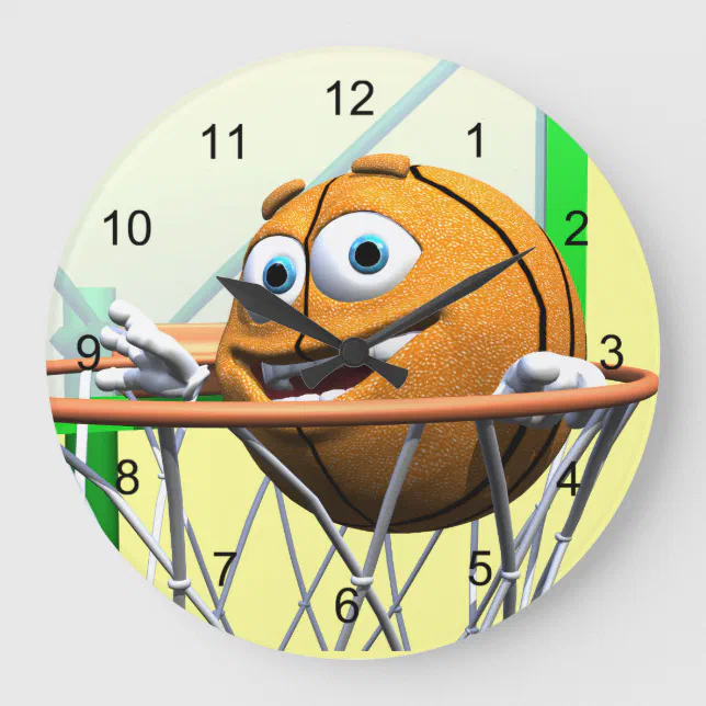 Funny Cartoon Basketball in a Hoop Large Clock