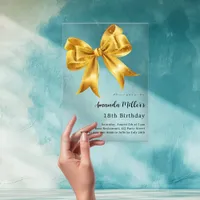 Gold bow clear birthday acrylic invitations