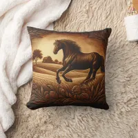 Brown Horse Galloping Across Golden Fields Throw Pillow