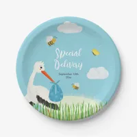 Cute Blue Stork Baby Shower Paper Plates