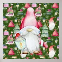 Christmas Santa Gnome & Green Pattern Background Poster