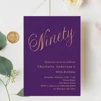 Purple gold script 90th birthday invitation