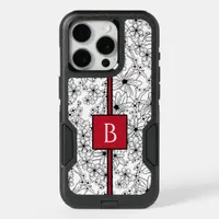 Hand Drawn Floral White Black Pattern and Monogram iPhone 15 Pro Case