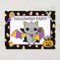 Halloween Party Invitation with Bat Holding Candy Postcard