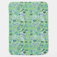 Under the Sea Blue Watercolor on green | Baby Blanket