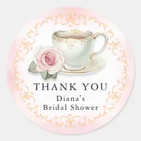 Tea Party Bridal Shower Thank Pink Floral Classic Round Sticker