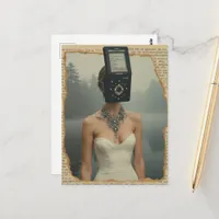 woman with obsolete technology for her head postcard