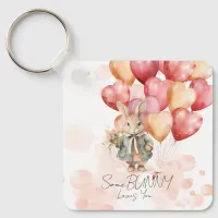 Cute Bunny Valentines Day Red Heart Balloons Keychain