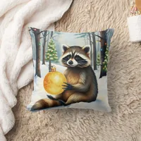 Cute Winter Raccoon with Gold Ornament Christmas Throw Pillow