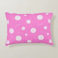 Pink White Knitting Needles and Yarn Patterned Accent Pillow