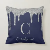 Navy Blue Silver Sparkle Glitter Drips Monogram Throw Pillow