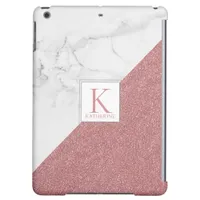 Cute Marble Blush Rose Gold Glitter Monogram Case For iPad Air