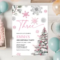 3rd Birthday Invitation, Winter Pink 3rd Birthday  Invitation