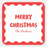 Fun Retro Wavy Red and White Custom Chic Christmas Square Sticker