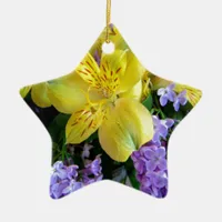 Yellow Daylilies & Purple Lilac Flowers Ceramic Ornament
