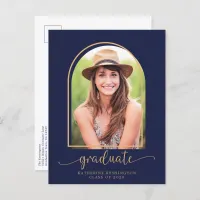 Modern Arch Navy Blue Gold Photo Graduation Party Announcement Postcard