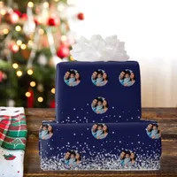 Christmas photo navy blue silver confetti wrapping paper