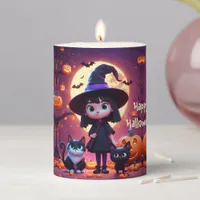 Cute little witch with cats and pumpkins, custom  pillar candle