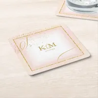 Fine Lines Gold Abstract Wedding V3 Blush ID867 Square Paper Coaster