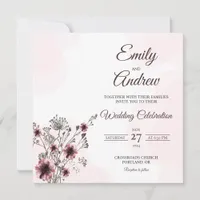 Mauve Botanical Watercolor Floral Square Wedding Invitation