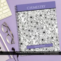 Floral Black White Purple Name School Subject Notebook