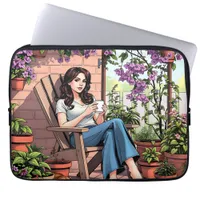 Pretty Lady Drinking Coffee Relaxing Outside Laptop Sleeve